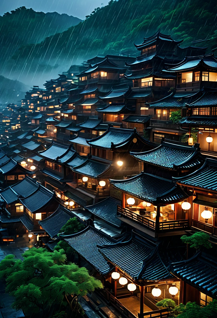 arafed view of a village with a lot of lights on the buildings, dreamy chinese town, chinese village, amazing wallpaper, japanese town, japanese village, hyper realistic photo of a town, old asian village, japanese city, by Raymond Han, rainy evening, cyberpunk chinese ancient castle, beautifully lit buildings, at evening during rain, beautiful and aesthetic, photography, cinematic, 8k, high detailed ((Heavy rain)))