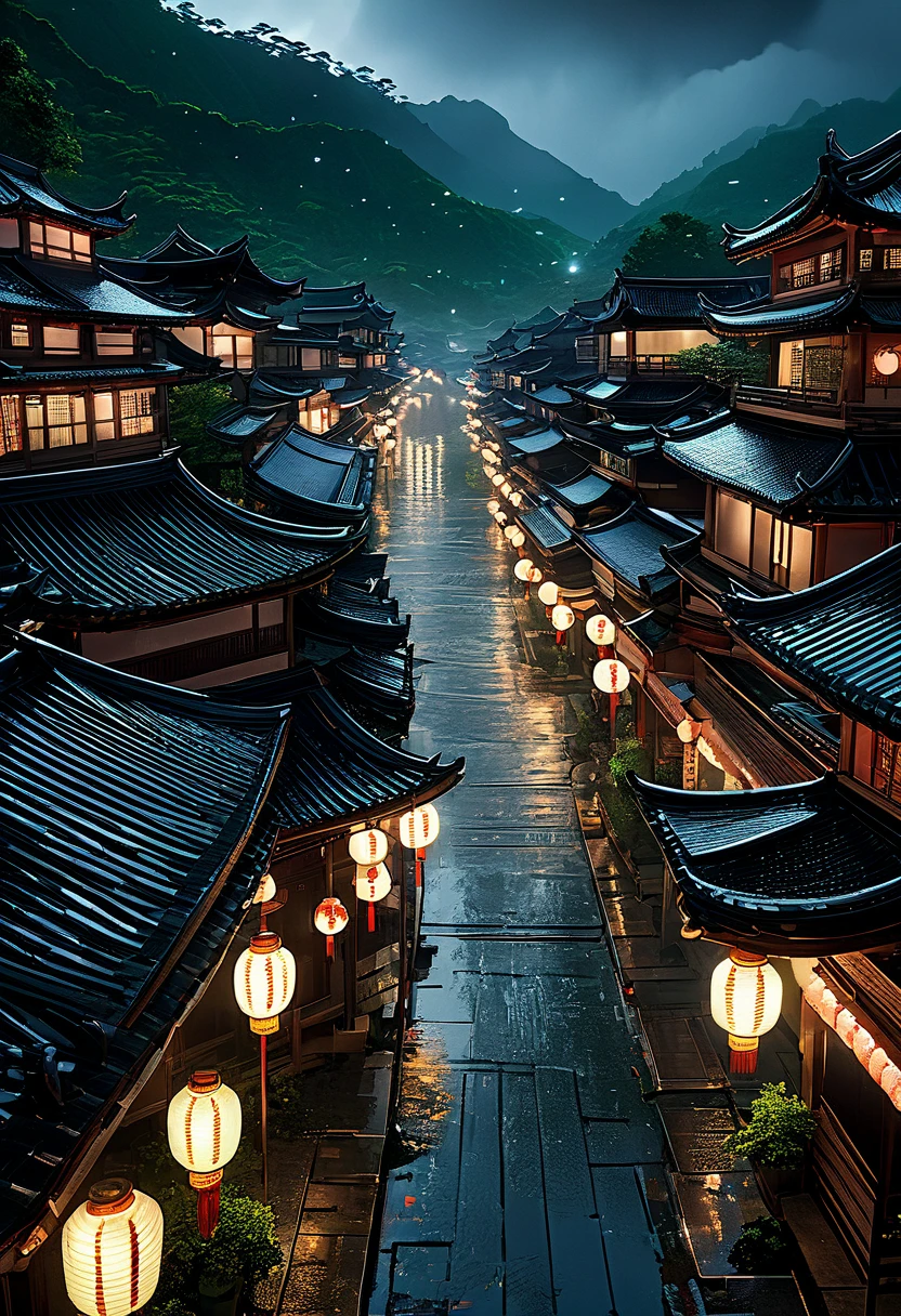 arafed view of a village with a lot of lights on the buildings, dreamy chinese town, chinese village, amazing wallpaper, japanese town, japanese village, hyper realistic photo of a town, old asian village, japanese city, by Raymond Han, rainy evening, cyberpunk chinese ancient castle, beautifully lit buildings, at evening during rain, beautiful and aesthetic, photography, cinematic, 8k, high detailed ((Heavy rain)))