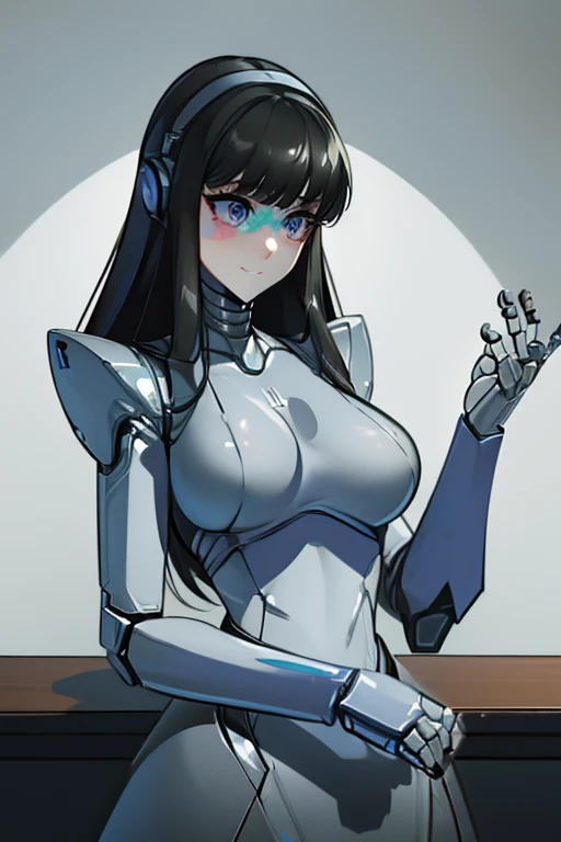 (masterpiece),(Highest quality),(Super detailed),(Best illustrations),(Best Shadow),(Absurd),(Detailed Background),(so beautiful), 16K, 8K, 4K,(Best Shadow),robotization,woman ,big bust,Robot Joint ,Metal skin,Black robot Suit,long hair,a black robot suit that covers the whole body,robot hand,cyber bodysuit,mecha head,(Detailed hands and fingers:1.2),Ball joint robot body,doll joint,beautiful face,beautiful robot girl,robotic eye,robotic hands,(no more human skin),android girl,cyborg girl,F cup, sexy body,(machine made joints:1.2),(machanical limbs:1.1),(blood vessels connected to tubes),(mechanical vertebra attaching to back),(mechanical cervial attaching to neck),no messy picture style,no emotion,tech control,black robot suit,maintenance,smile