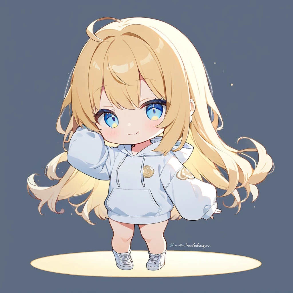 (((Anime))),Character Icon,Pastel One Woman,Chibi, Full Body Shot ,Yellow Hair, Long Hair, sideburns are, smile, braided  , blue eyes, Please redeem the White Hoodie , Volume Sleeves ,(white), simple background ,white,Backlight,masterpiece, please redeem ,Exquisite,8k, absurd, ultra-thin illustration ,(  browse viewers)