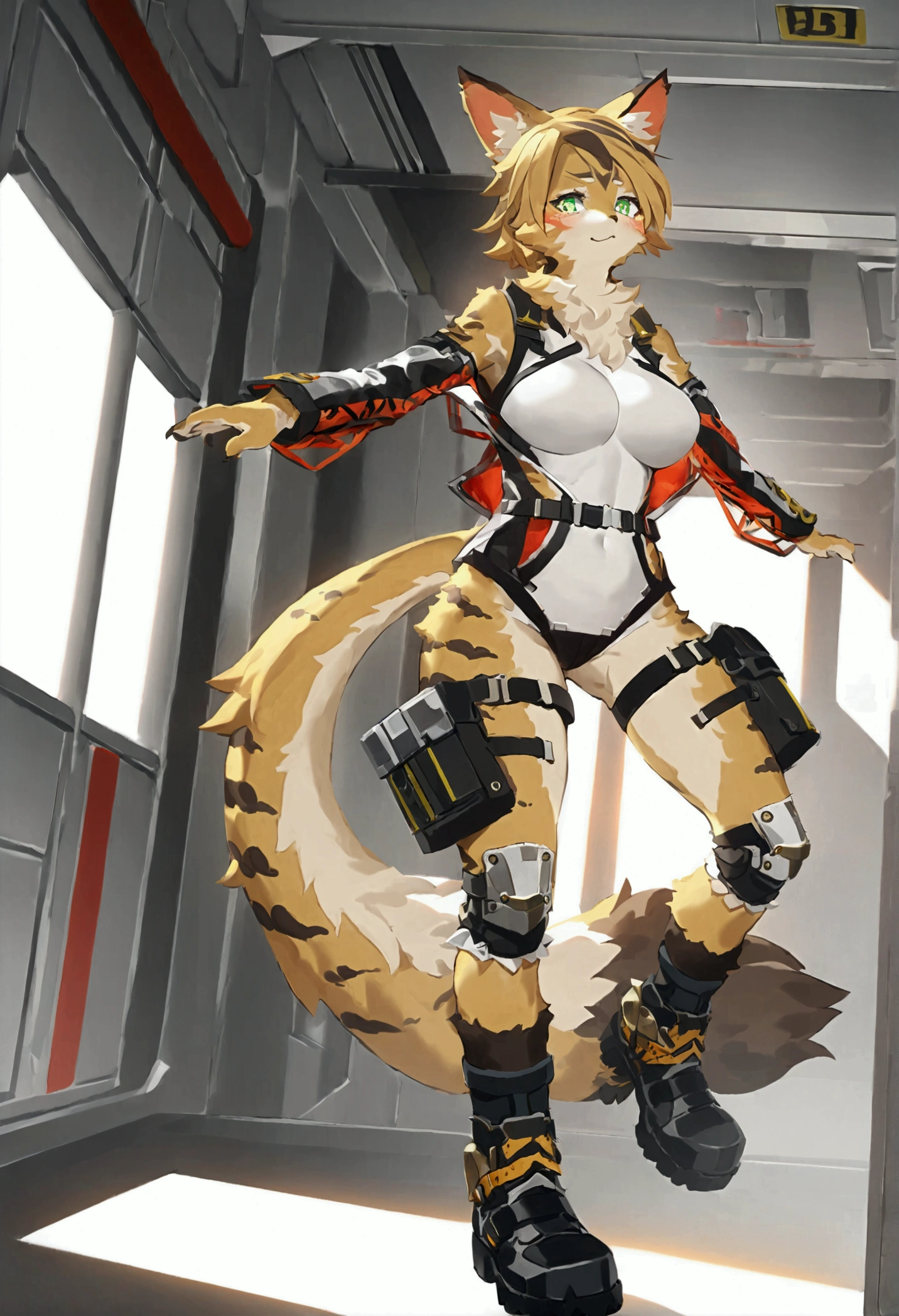 (top quality, best quality, Bogexboog, High-quality illustrations, masterpiece, perfect artwork, cinematic light and shading, 16k, 1080p, uploaded on e621)(kemono, furry, anthro, alone), 1 female, (very detailed body, face, tail, arms, hands, legs, head and eyes), cat, Pulchra, (Zenless Zone Zero), hunter body, fur, fluffy, big breasts, wide hips, cat ears, cat tail, perfect eyes, green eyes, beautiful space jumpsuit, inside space craft, inside space ship, body movement, body twitching, red blushing