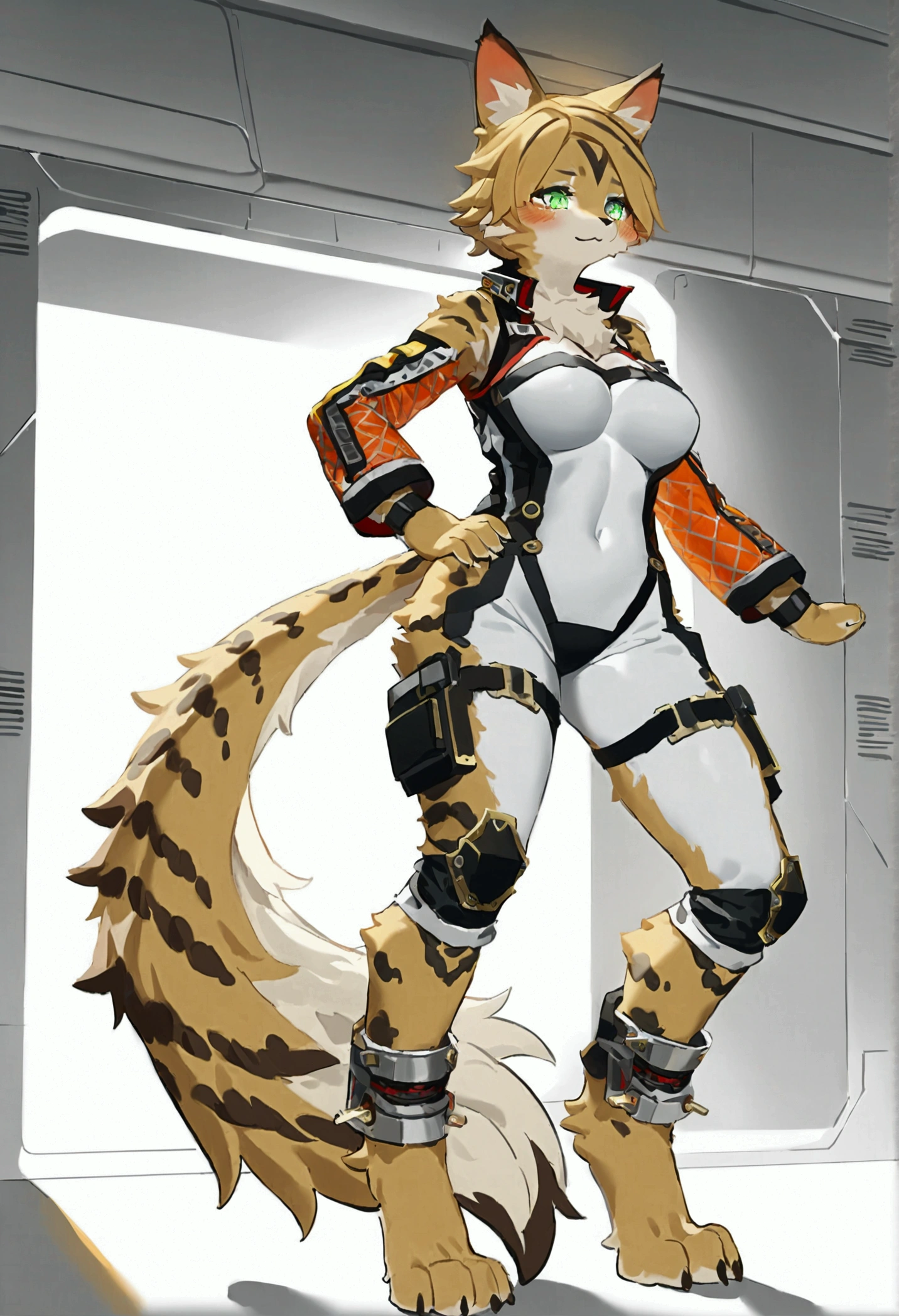 (top quality, best quality, Bogexboog, High-quality illustrations, masterpiece, perfect artwork, cinematic light and shading, 16k, 1080p, uploaded on e621)(kemono, furry, anthro, alone), 1 female, (very detailed body, face, tail, arms, hands, legs, head and eyes), cat, Pulchra, (Zenless Zone Zero), hunter body, fur, fluffy, big breasts, wide hips, cat ears, cat tail, perfect eyes, green eyes, beautiful space jumpsuit, inside space craft, inside space ship, body movement, body twitching, red blushing