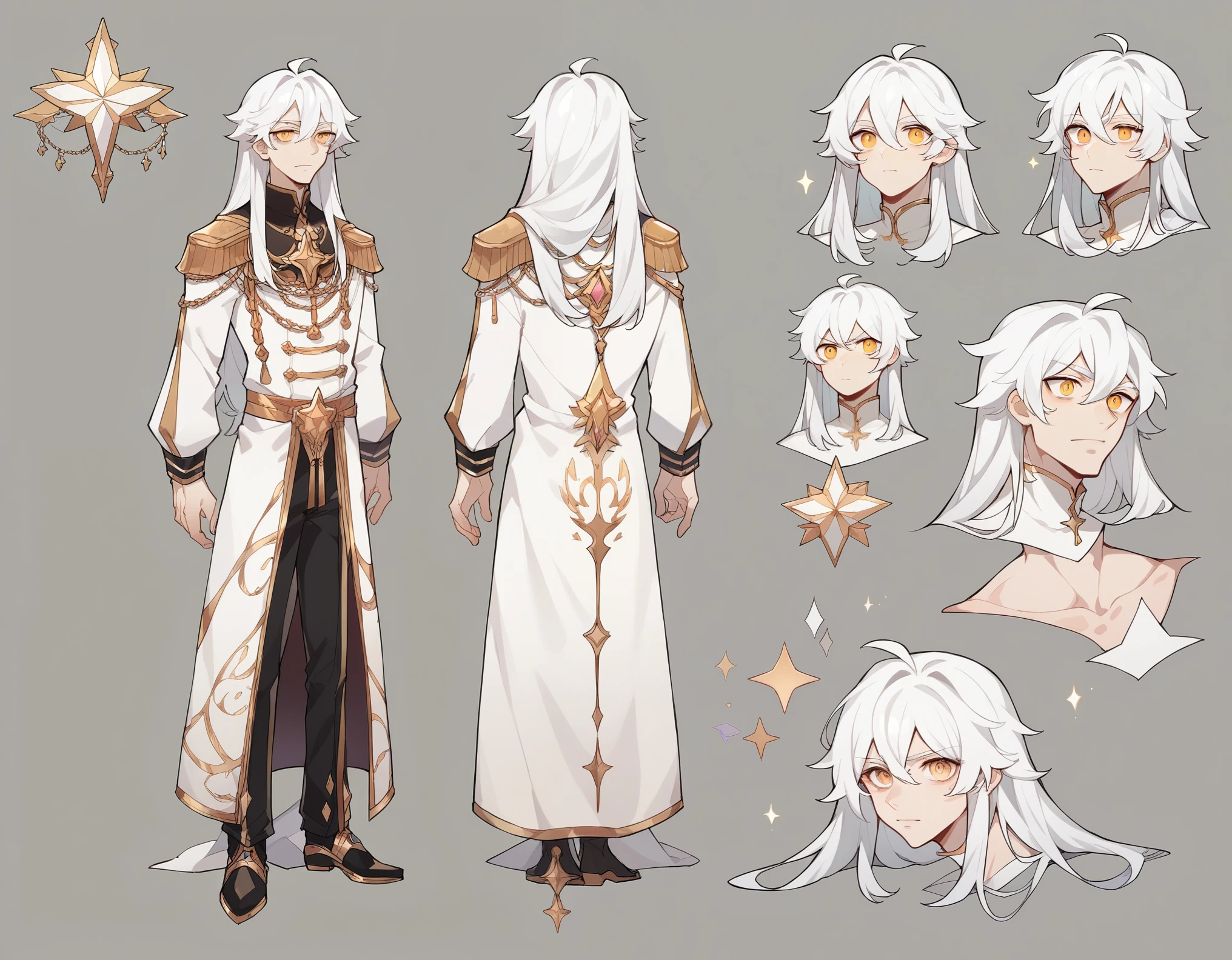  The model is a boy (( masterpiece, Highest quality)),  character sheet,  turn around, vtuber-whole body, whole body, detailed face,  full of details ,  Very detailed , depth, front and back, 1 boy,  dressed like a priest, slender , :3, long hair, white hair,  crystal-clear hair , [[white hair]],  golden eyes , star (symbol), star-shaped pupilsl, character reference, white clothes, tall, beautiful 