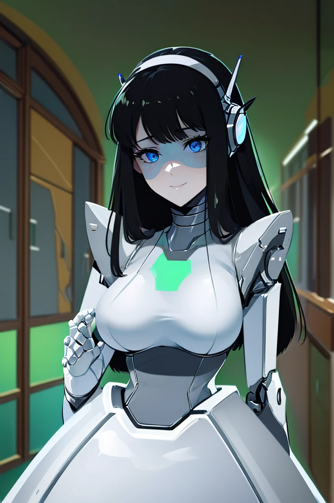 (masterpiece),(Highest quality),(Super detailed),(Best illustrations),(Best Shadow),(Absurd),(Detailed Background),(so beautiful), 16K, 8K, 4K,(Best Shadow),robotization,woman ,big bust,Robot Joint ,Metal skin,Black robot Suit,long hair,a black robot suit that covers the whole body,robot hand,cyber bodysuit,mecha head,(Detailed hands and fingers:1.2),Ball joint robot body,doll joint,beautiful face,beautiful robot girl,robotic eye,robotic hands,(no more human skin),android girl,cyborg girl,F cup, sexy body,(machine made joints:1.2),(machanical limbs:1.1),(blood vessels connected to tubes),(mechanical vertebra attaching to back),(mechanical cervial attaching to neck),no messy picture style,no emotion,tech control,black robot suit,maintenance,smile,mistyrobot