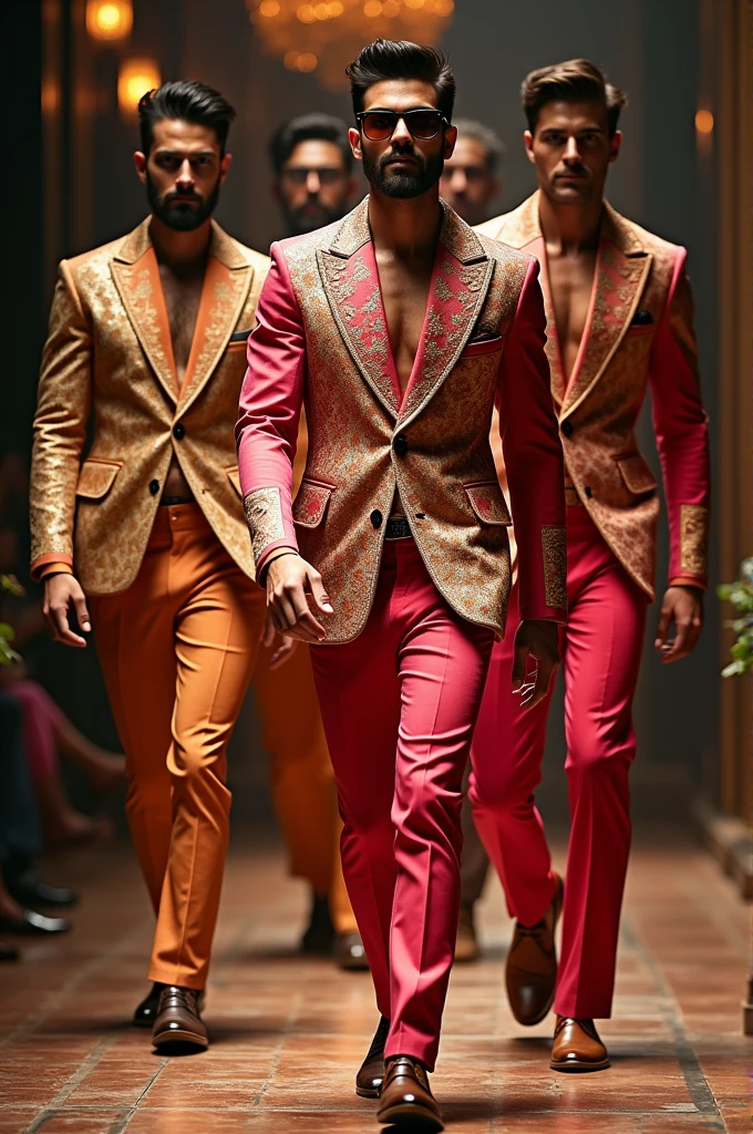 black guy wearing purple suit with african colorfull patterns standing side profile and looking back to the viewer , ((korean guy)) wearing red suit with chinese colorfull dragons sitting , ((turkish guy)) wearing beige suit with arabic colorfull patterns standing and posing , cinematic ,((posing different poses)) white background , photo shooting ,models ,full body , oversize pants, rings 