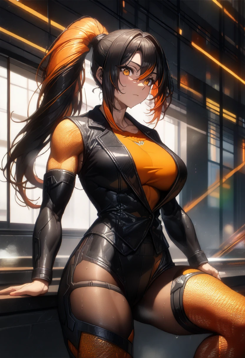 masterpiece,best quality,high resolution,8k,ultra HD,wallpaper,illustration,perfect face,cowboy shot,beautiful detailed eyes,extremely detailed face,perfect lighting,extremely detailed CG,perfect anatomy,perfect body,perfect hands,perfect fingers,1woman,full body,,muscle fighter body,(black long ponytail hair with orange mesh line hair:1.5),orange eyes,large breasts,Medium ass,,(blue open police jacket inner white shirt),black short hot pants,clothed,,collarbone,,looking at viewer,(),Steam,sweat, home,(Zenless Zone Zero character Zhu Yuan),adult,