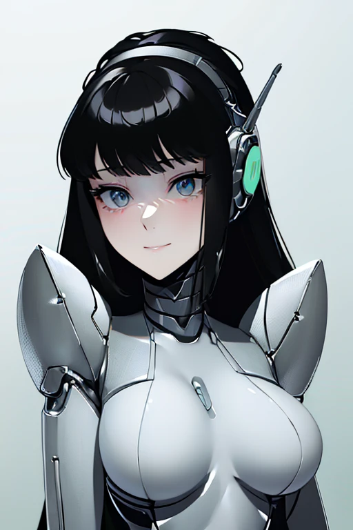 (masterpiece),(Highest quality),(Super detailed),(Best illustrations),(Best Shadow),(Absurd),(Detailed Background),(so beautiful), 16K, 8K, 4K,(Best Shadow),robotization,woman ,big bust,Robot Joint ,Metal skin,Black robot Suit,long hair,a black robot suit that covers the whole body,robot hand,cyber bodysuit,mecha head,(Detailed hands and fingers:1.2),Ball joint robot body,doll joint,beautiful face,beautiful robot girl,robotic eye,robotic hands,(no more human skin),android girl,cyborg girl,F cup, sexy body,(machine made joints:1.2),(machanical limbs:1.1),(blood vessels connected to tubes),(mechanical vertebra attaching to back),(mechanical cervial attaching to neck),no messy picture style,no emotion,tech control,black robot suit,maintenance,smile