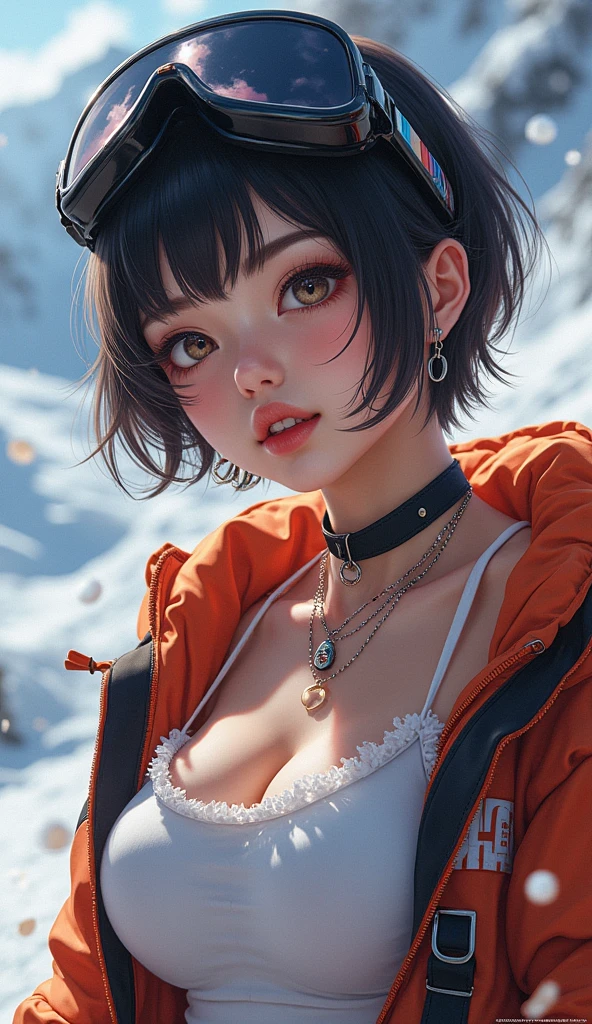 Fubuki from opm, realistic, age 28, pure white skin, green eyes, dark green bob hair, white fur neck collor, green coat, perfect face, perfect shape body, extra large stif breasts, clothes covered upper body, 3d, front side pose