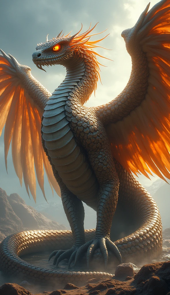Create a golden dragon with angelic wings, wearing a white mask with red eyes