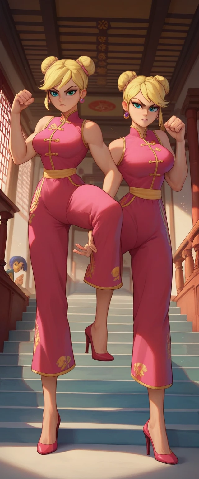 lola loud, 2girls, duo, 24yo girl, large breasts, pink cheongsam,  inside of a chinese temple, looking at viewer, blonde hair, two hair buns , hands  score_9, score_8_up, score_7_up, high heels, teep fighting stance,martial arts, stairs behind her, guarding the stairs, twins