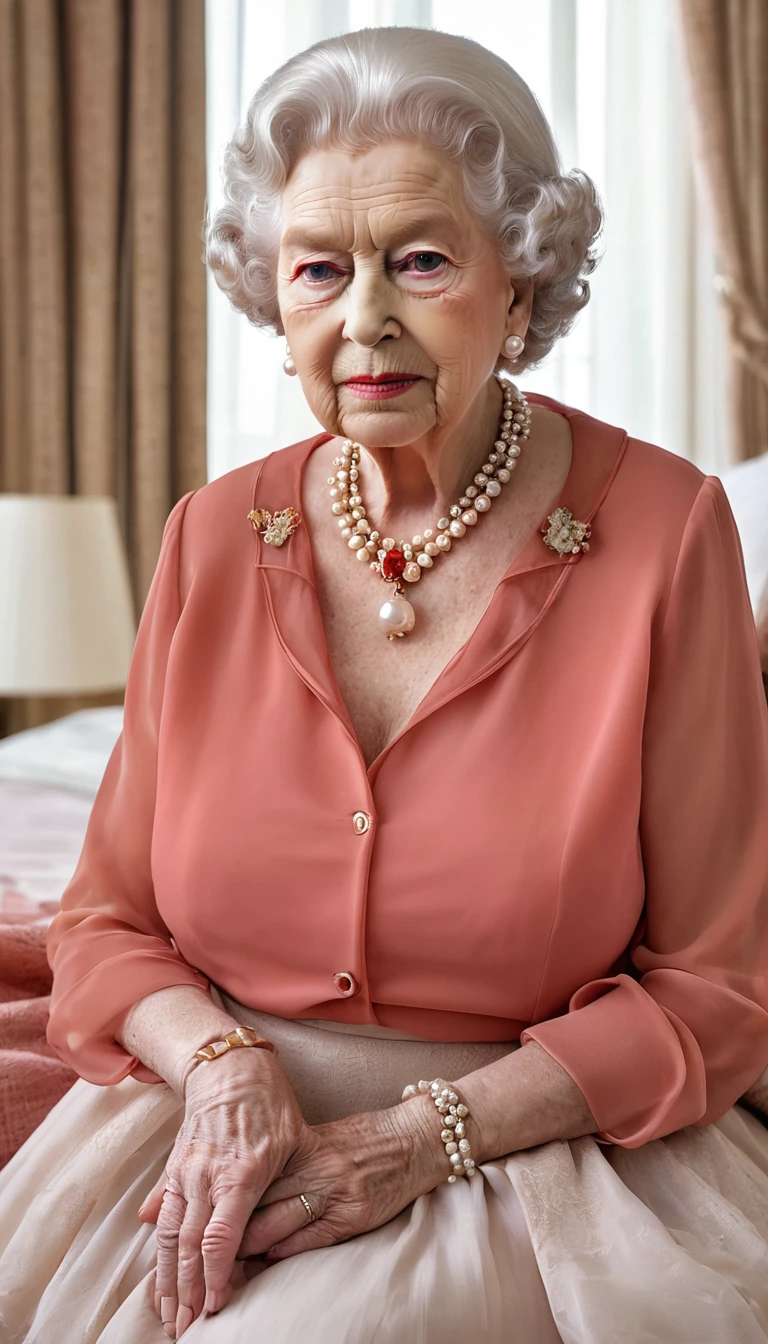 ((gorgeous queen elizabeth 80yo:1.3), (huge saggy breast:1.3), profile side, (look at viewer:1.4), sitting on a bed, (sensual expression:1.4), (covered in cum:1.5), (((chiffon coral shirt with a deep collar necklane))), brown skirt, lipsticks, Pearl Necklace