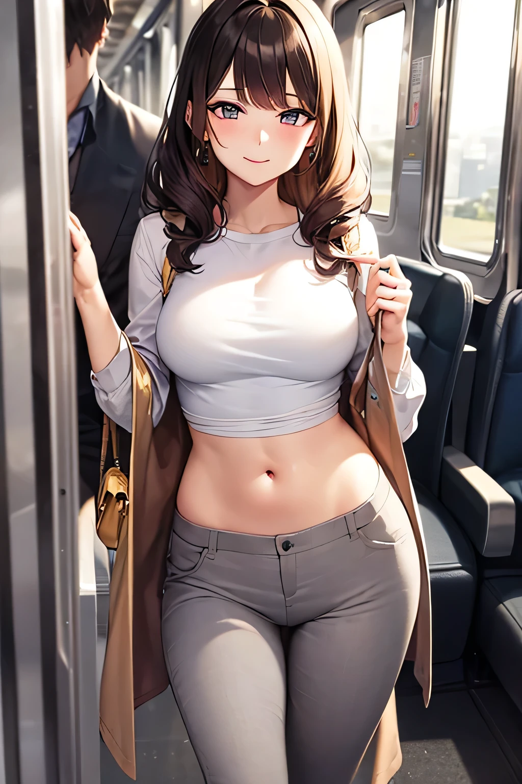 super fine illustration, vibrant colors, masterpiece, sharp focus, best quality, depth of field, ultra detailed, white shirt, long coat, 1 woman, solo, navel, train interior, looking down, medium breasts, long curly hair, brown hair, tall, mature face, blush, trousers, lipstick, makeup, mature face, light smile, closed mouth, handbag, jewelry, 