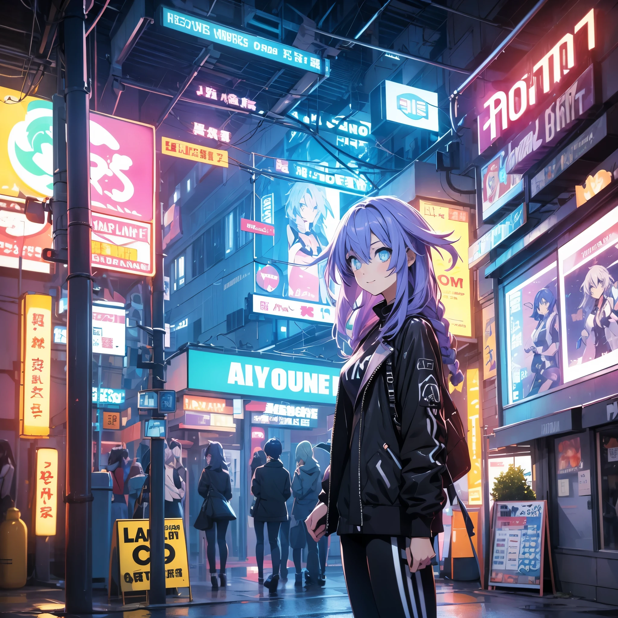 Masterpiece picture quality,Rainbow,Urban girl,ssmile,number art,style of anime,Retro anime girl,Punk girl,in an anime style,dual horsetail,Trendy,neonlight,depth of fields, perfil lateral delantero, ropa urbana ajustada,