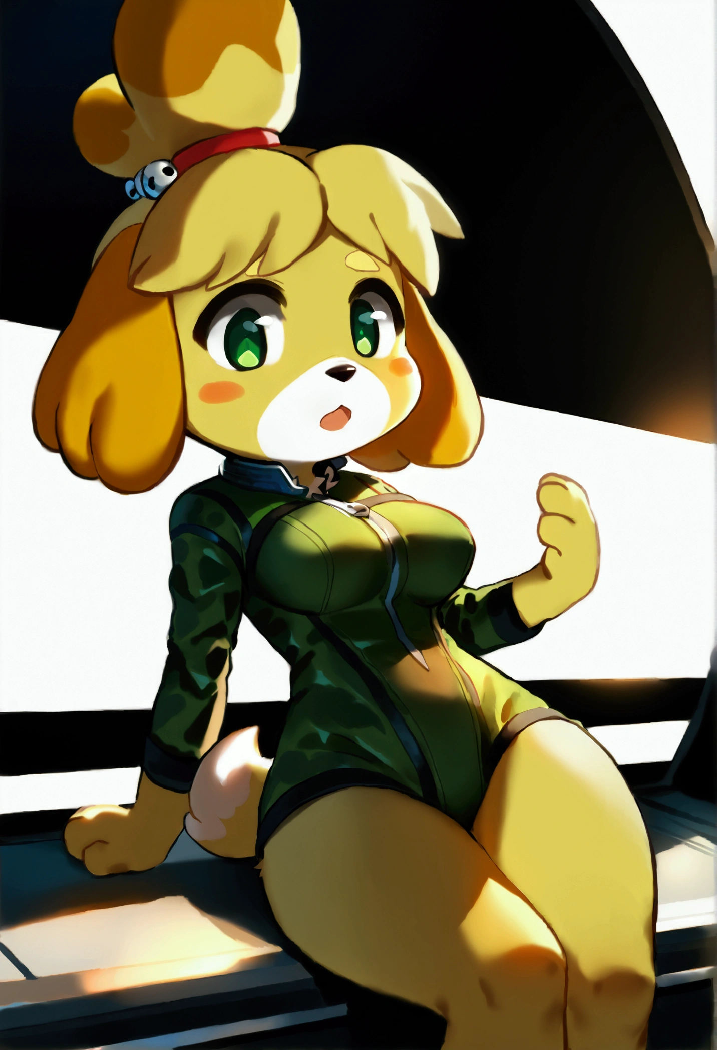 (top quality, best quality, Bogexboog, High-quality illustrations, masterpiece, perfect artwork, cinematic light and shading, 16k, 1080p, uploaded on e621)(kemono, furry, anthro, alone), 1 female, (very detailed body, face, tail, arms, hands, legs, head and eyes), dog, Isabelle, (Animal Crossing), hunter body, fur, fluffy, big breasts, wide hips, dog ears, dog tail, perfect eyes, green eyes, beautiful space jumpsuit, inside space craft, inside space ship, body movement, body twitching, red blushing