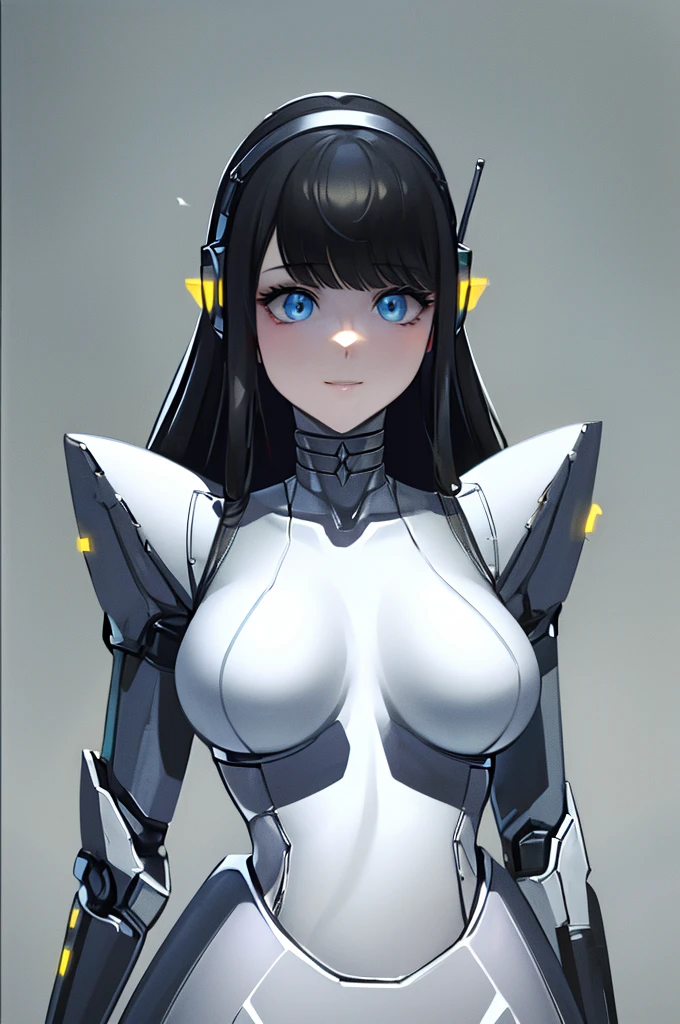 (masterpiece),(Highest quality),(Super detailed),(Best illustrations),(Best Shadow),(Absurd),(Detailed Background),(so beautiful), 16K, 8K, 4K,(Best Shadow),robotization,woman ,big bust,Robot Joint ,Metal skin,Black robot Suit,long hair,a black robot suit that covers the whole body,robot hand,cyber bodysuit,mecha head,(Detailed hands and fingers:1.2),Ball joint robot body,doll joint,beautiful face,beautiful robot girl,robotic eye,robotic hands,(no more human skin),android girl,cyborg girl,F cup, sexy body,(machine made joints:1.2),(machanical limbs:1.1),(blood vessels connected to tubes),(mechanical vertebra attaching to back),(mechanical cervial attaching to neck),no messy picture style,no emotion,tech control,black robot suit,maintenance,smile,mistyrobot