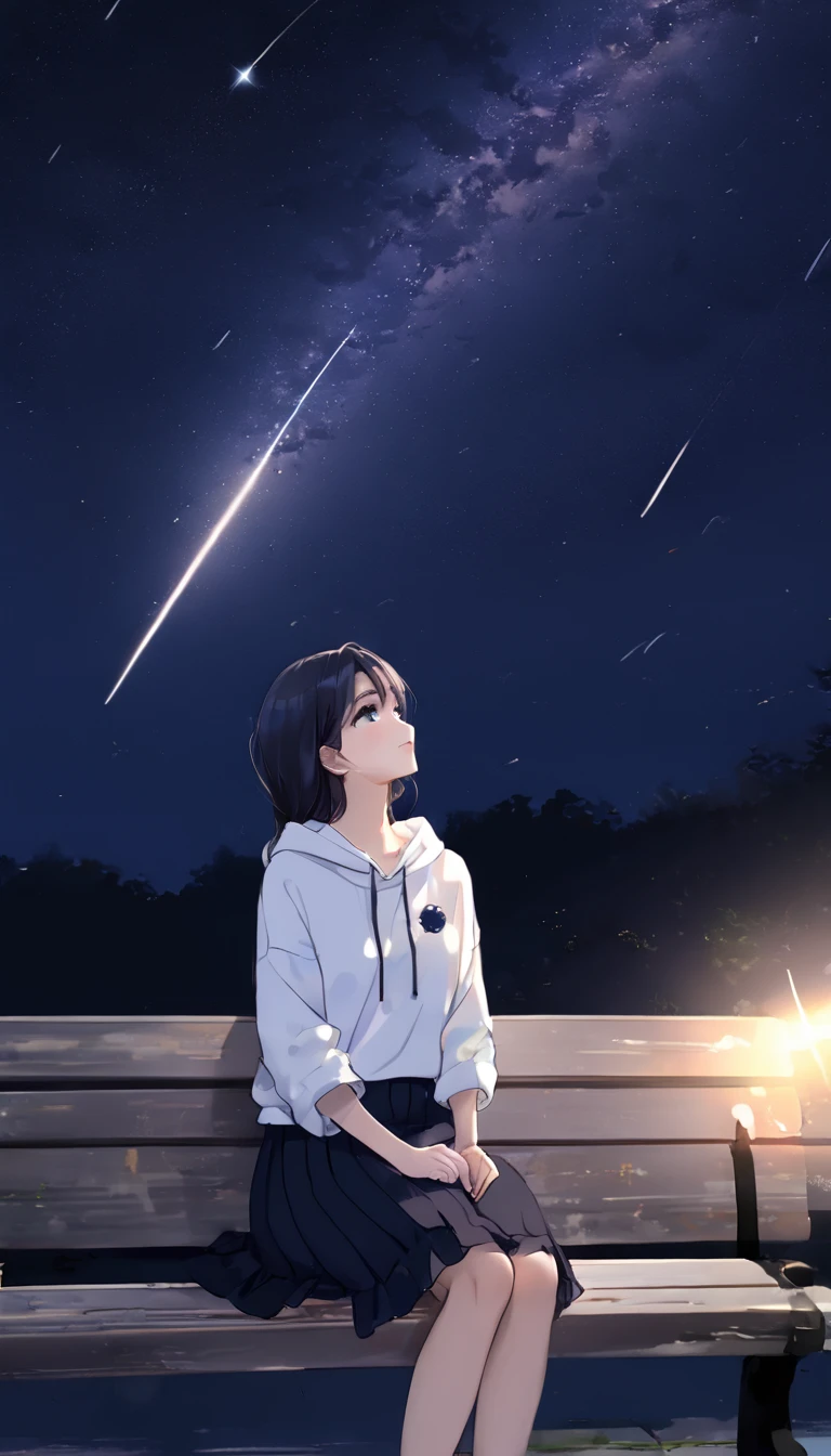 (((Sitting on a bench looking up at the night Sky:1.37、Sitting on a bench looking up at the night Sky:1.2、Looking at the night Sky:1.37、A little dark)))、one person&#39;S、Extremely delicate facial and Skin texture、 white summer knitwear、Black long Skirt、Everyday SceneS、PleaSant SunShine、Perfect harmony with nature 、 relaxation、(((A dignified Summer night Sky、Full of StarS、milky way、A single shooting star、Shooting Star:1.7)))、boy  、、HigheSt quality、maSterpiece, hoodie fashion