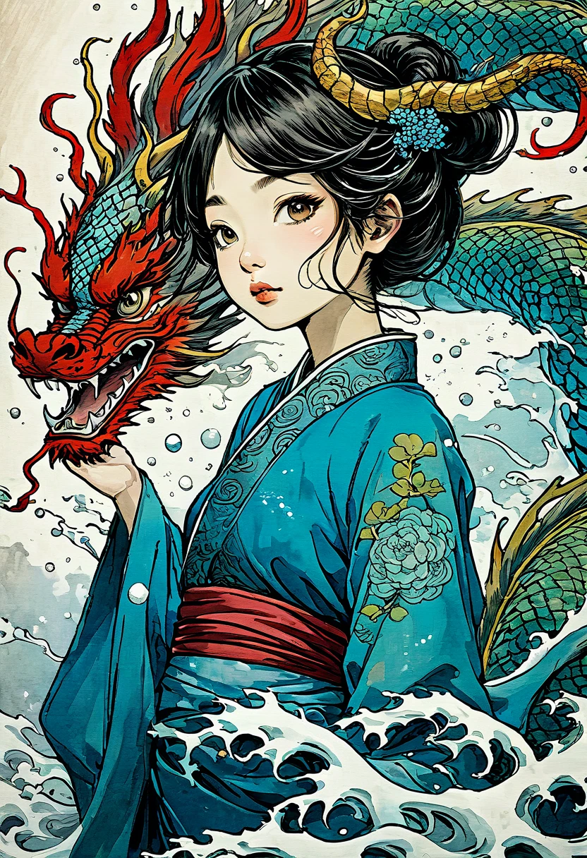 {{{{{illustration}}}}},by Yuko Shimizu,1girl,chinese dragon,chinese girl,female focus on, {{color Ink wash painting}},{{ink splashing}},{{color splashing}},{{{colorful}}},{{sketch}}, Masterpiece,best quality, beautifully painted,highly detailed,