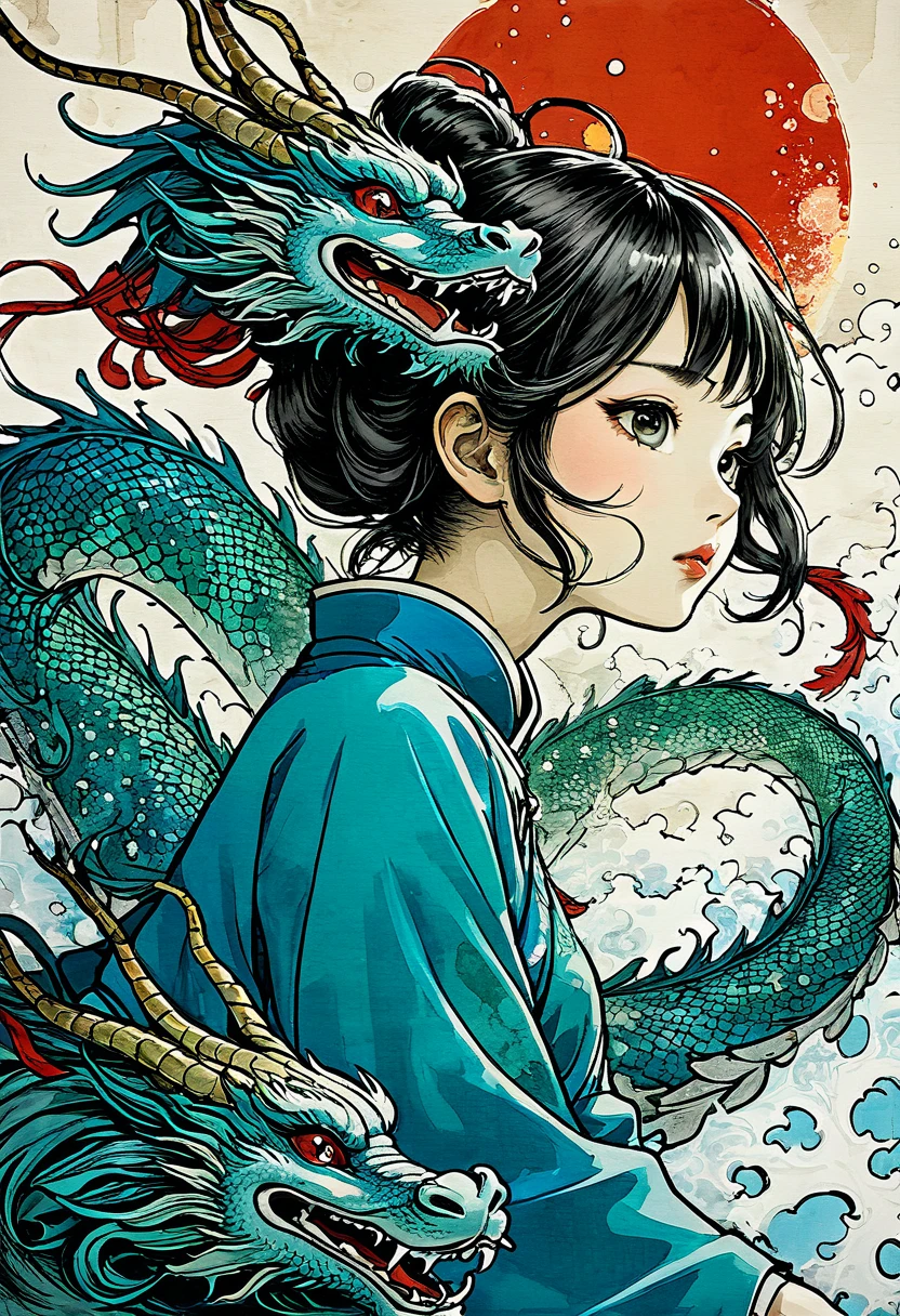 {{{{{illustration}}}}},by Yuko Shimizu,1girl,chinese dragon,chinese girl,female focus on, {{color Ink wash painting}},{{ink splashing}},{{color splashing}},{{{colorful}}},{{sketch}}, Masterpiece,best quality, beautifully painted,highly detailed,