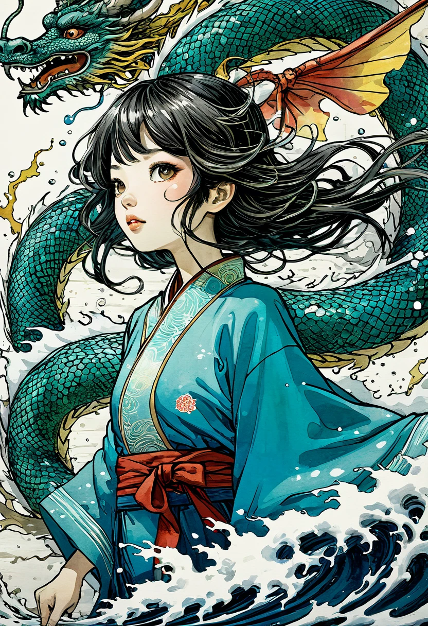 {{{{{illustration}}}}},by Yuko Shimizu,1girl,chinese dragon,chinese girl,female focus on, {{color Ink wash painting}},{{ink splashing}},{{color splashing}},{{{colorful}}},{{sketch}}, Masterpiece,best quality, beautifully painted,highly detailed,