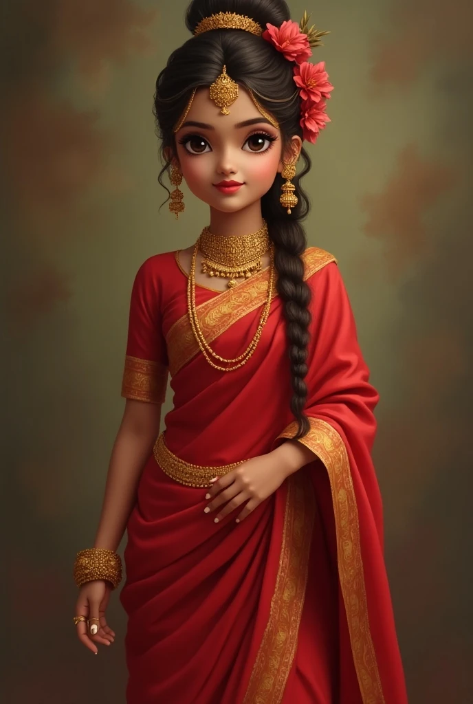 Indian, photo realistic, 25 years old woman, beautiful face, wearing saree, front view, long hair.