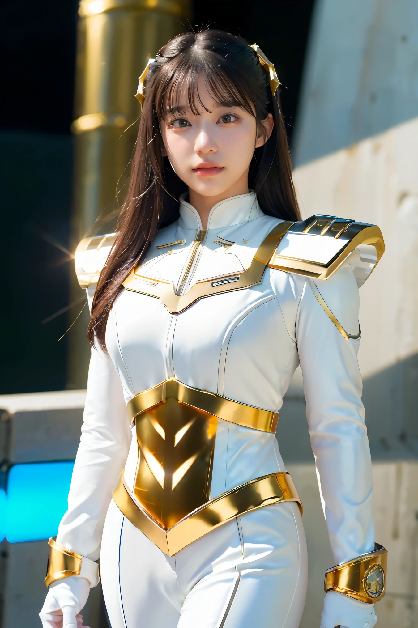 ((masterpiece, best quality, extremely detailed), volumetric lighting, ambient occlusion, colorful, glowing), 
1girl, solo, young girl, (dark hair), long hair, halo, aura, sacred, goddess, cleric suit, (white outfit with gold detailst:1.3), armor,
outdoors, sunset, sky, clouds, space, (fantasy theme:1.2),ม 1girl, full body, Illustration, cinematic light, high resolution, best quality, ultra-detailed, masterpiece, power suit, powerranger, suit, spd, (Silver and Gold chest plate), white and gold detail, (((white suit))), ((police theme:1.2))
