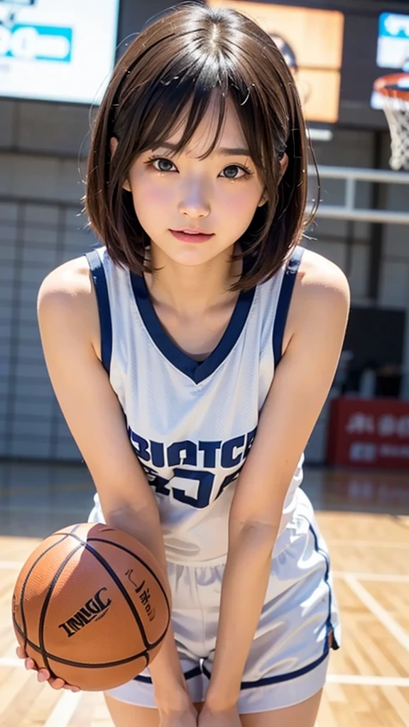 top-quality,.masterpiece,Raw photography,8K,Top image quality,Top resolution,Beautiful face in every detail,Very detailed,Gentle expression,One lady,realisitic,photo realisitic,Bery short hair,Beautuful Women,cute Japanese girls,mannish,Pretty Woman,Her eyes are big,20-year-old beauty,her face is small,small head,long neck,pale skin,Spot-free skin,With bangs,eight heads tall,basketball red uniform,skinny body,Sweat , wet,face focus , leaning forward ,arched back,contrapposto,from side,look at viewer