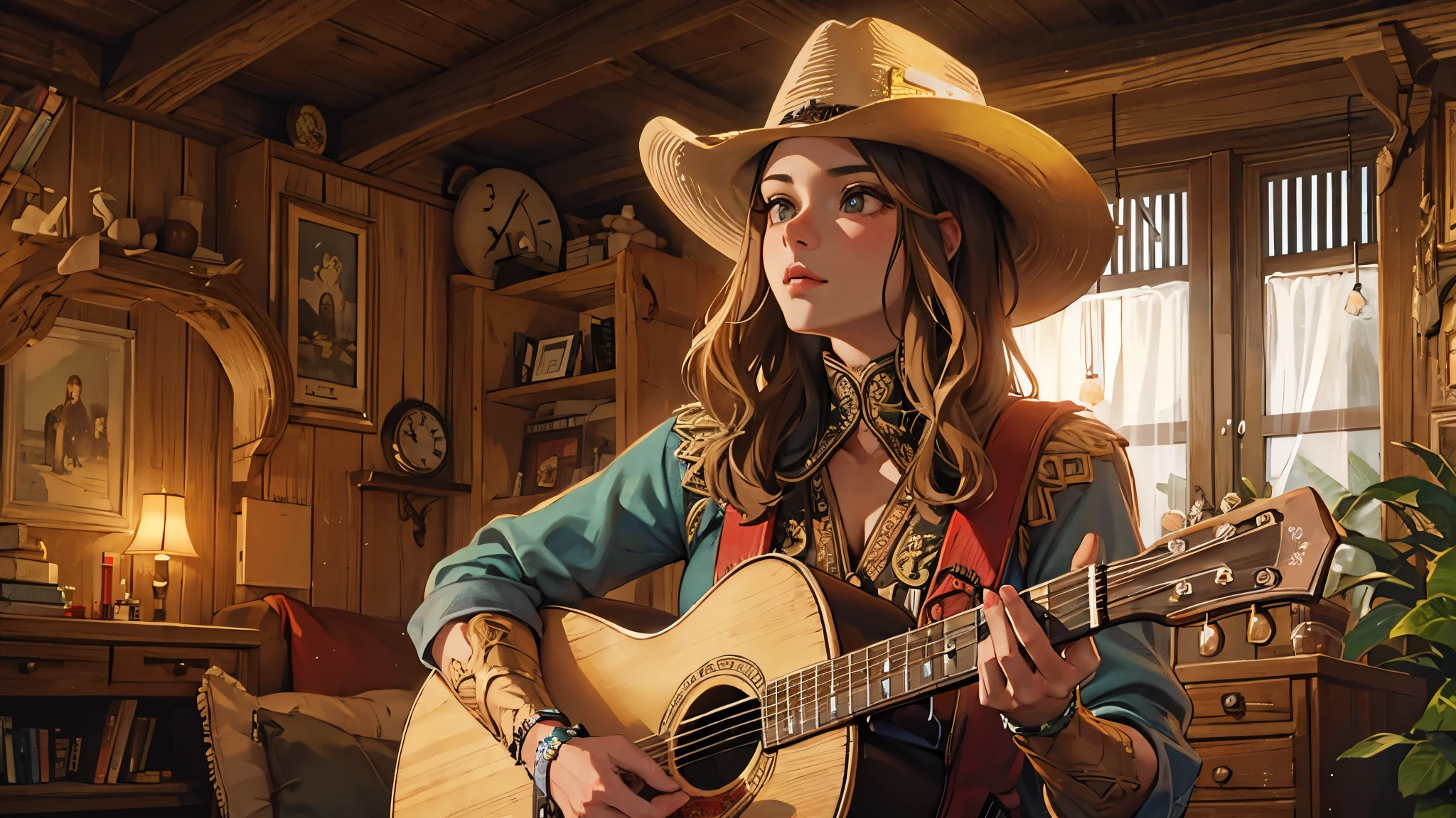 beautiful detailed woman, playing guitar, in her room, cowgirl style, cowboy hat, well-designed body, delicate fingers, detailed facial features, realistic, photorealistic, 8k, high resolution, masterpiece, intricate details, warm lighting, cozy atmosphere, country style, natural tones, soft colors, cinematic lighting