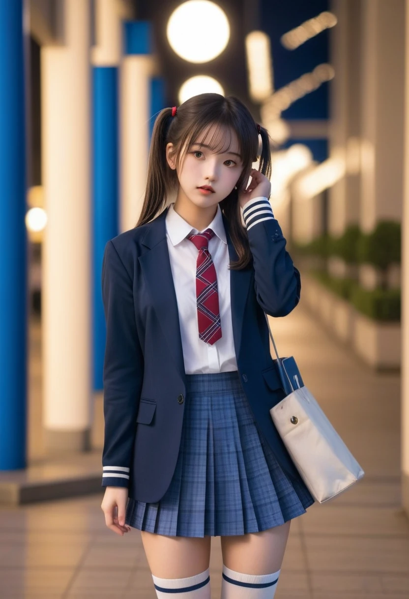 1girl,solo,twintails,school uniform,blazer,checkered skirt,miniskirt,loose socks,pumps,round toes,tote bag,station square,stand leaning against a pillar,bored,operating smartphone,night,depth of field,masterpiece,best quality,bokeh,very aesthetic,absurdres,realistic,face