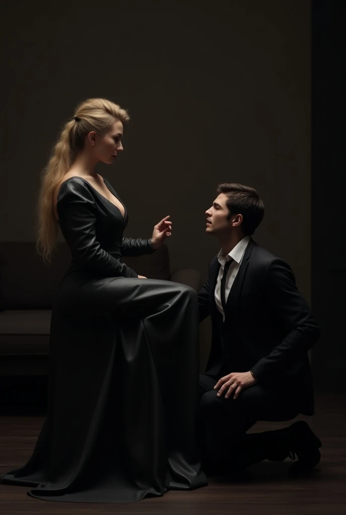 30 year old woman, voluptuous body, nalgona, busty, black latex lingerie, black heels, latex collar on the neck with chain, She kneeling looking up, In front of her a mature man taking the chain that goes on her necklace dressed in a gray suit, Photo studio , black and white, at the inner depths of a mansion