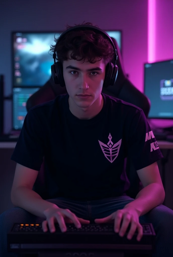 Around 17 age Boy wearing headphones in front of the face playing video games sitting in a gaming chair, dark background with purple details