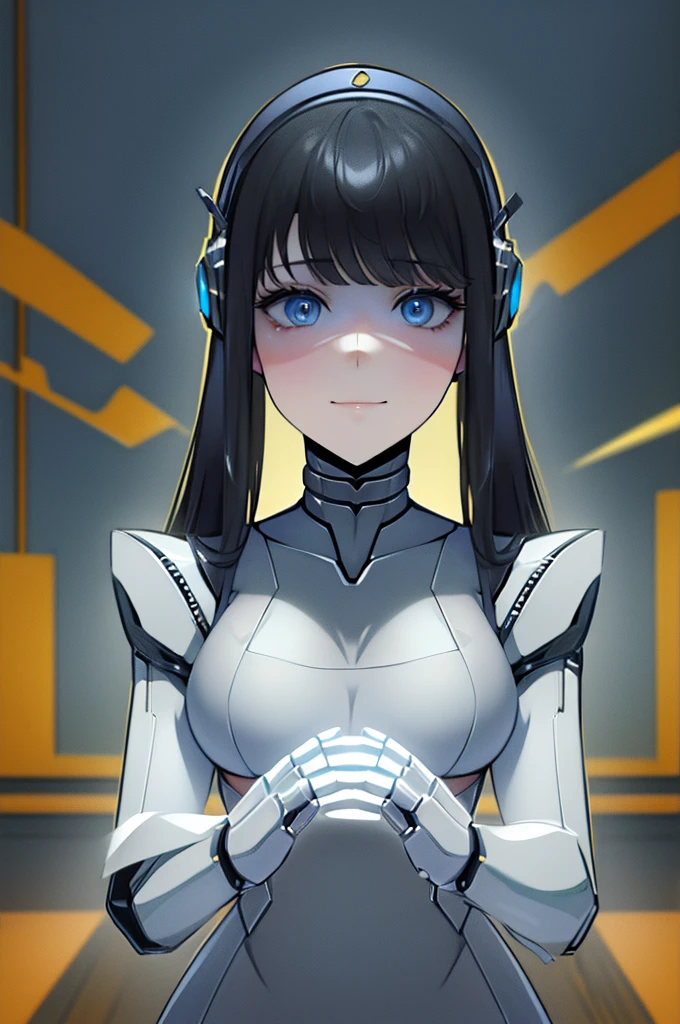 (masterpiece),(Highest quality),(Super detailed),(Best illustrations),(Best Shadow),(Absurd),(Detailed Background),(so beautiful), 16K, 8K, 4K,(Best Shadow),robotization,woman ,big bust,Robot Joint ,Metal skin,Black robot Suit,long hair,a black robot suit that covers the whole body,robot hand,cyber bodysuit,mecha head,(Detailed hands and fingers:1.2),Ball joint robot body,doll joint,beautiful face,beautiful robot girl,robotic eye,robotic hands,(no more human skin),android girl,cyborg girl,F cup, sexy body,(machine made joints:1.2),(machanical limbs:1.1),(blood vessels connected to tubes),(mechanical vertebra attaching to back),(mechanical cervial attaching to neck),no messy picture style,no emotion,tech control,black robot suit,maintenance,smile