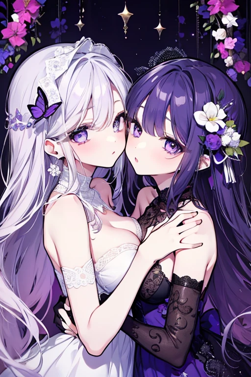 Magic Kiss.Red lips,love,2 girls,Fox ears,Kiss each other,antipodeans,black and white,Lace Bikini,Sea of violet flowers,Grand scene