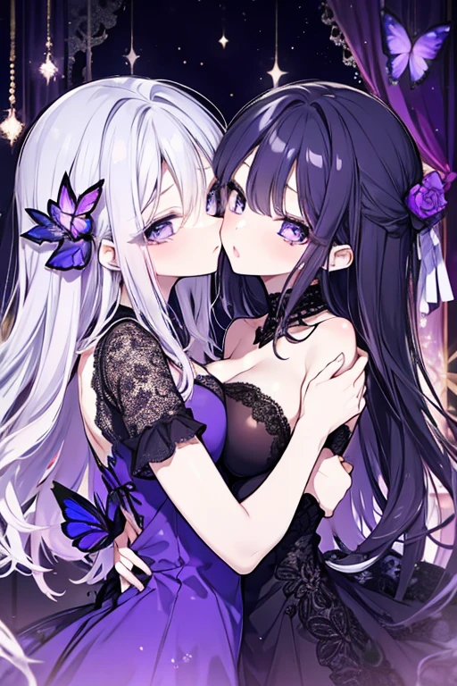 (high-res, 4k, best quality:1.2), vibrant colors, dreamlike lighting, detailed floral background, evil smile, alone, a ponytail, star hairpins, black feather hairpin, detailed nail art