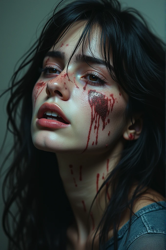 ultra-detailed, realistic, wallpaper, disheveled, cornered, hard breath, bob cut, sexual tension, loosing control, sexy despair, sweat, desperation, liquid t-shirt, void, abstract, freckles, red lips, colored