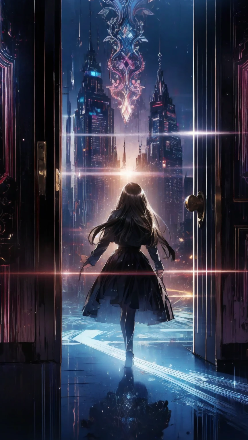 Opening the door to a dark fantasy world, Extending beyond the door、Dazzling fantasy world, Overly bright background lighting, Transparent holographic lighting permeates the interior, Colorful lights add color to the background, Avoid becoming completely silhouetted, Very strong background lighting, Escape from a very dark world,  Artwork creating an aesthetic effect with backlighting , The highest level in realistic art photography, 