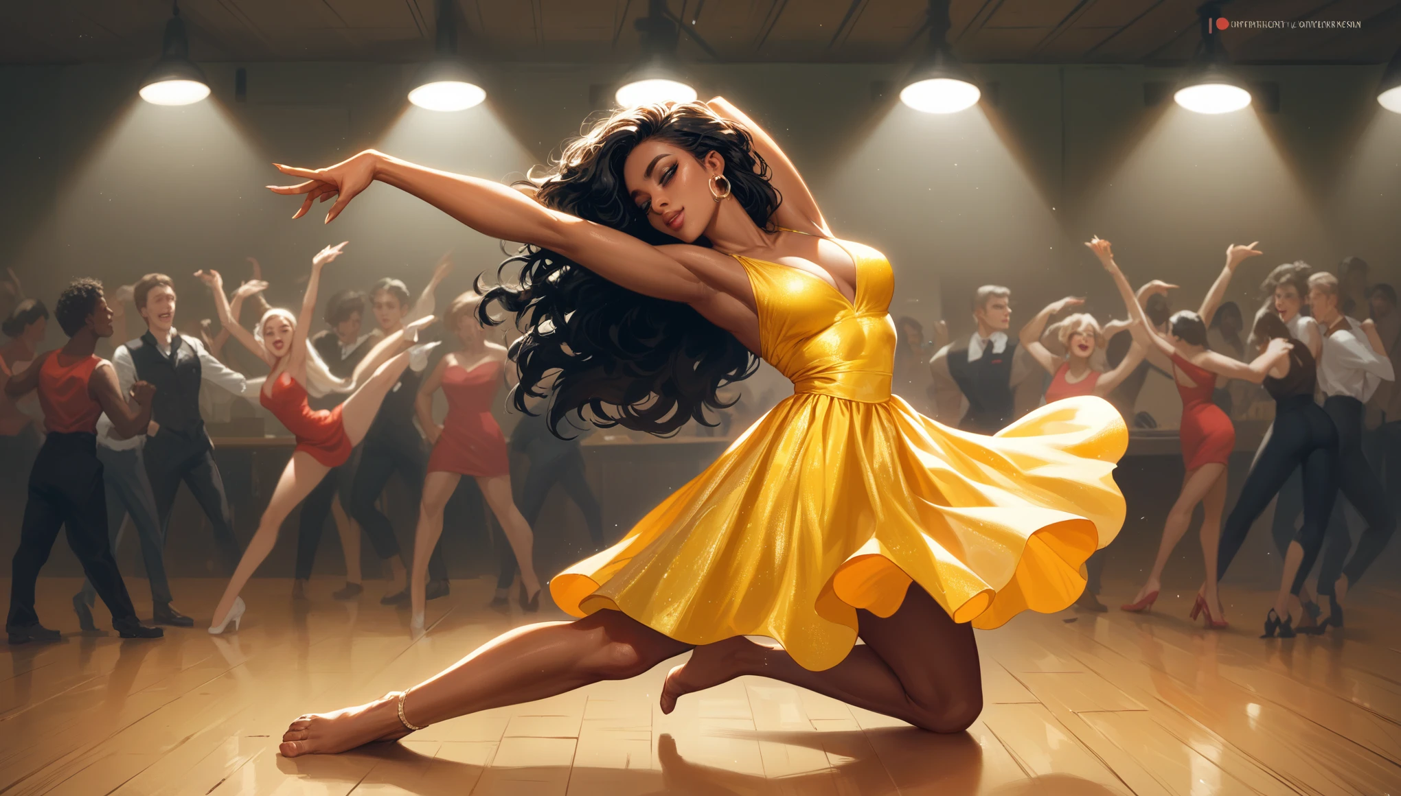 NSFW, erotic, perfect body, sexy, best quality, clear quality, high quality, 4K, 8k,  sexy woman ,  of a dark-skinned Latina, 1 girl face .  dark long hair , dating scene,  is in the dance studio , in the , , the dance room , in a Latin American dance dress,  yellow Latin American dress, dances, dances латиноамериканский танец