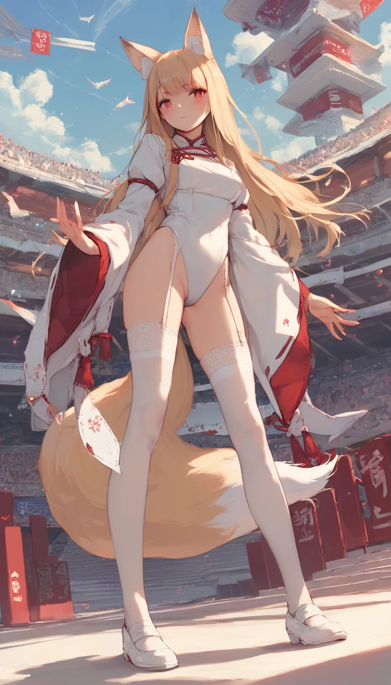 score_9, score_8_up, score_7_up, 1girl, solo, leotard, white leotard with long sleeves, red eyes, slit pupils, white straight hair, long hair, animal ears, tokyo, tail, white stocking, garter straps, fox ears, white shoes, fox tail, standing, looking at audience, fox girl, medium breasts, blush, (better hands:1.2)