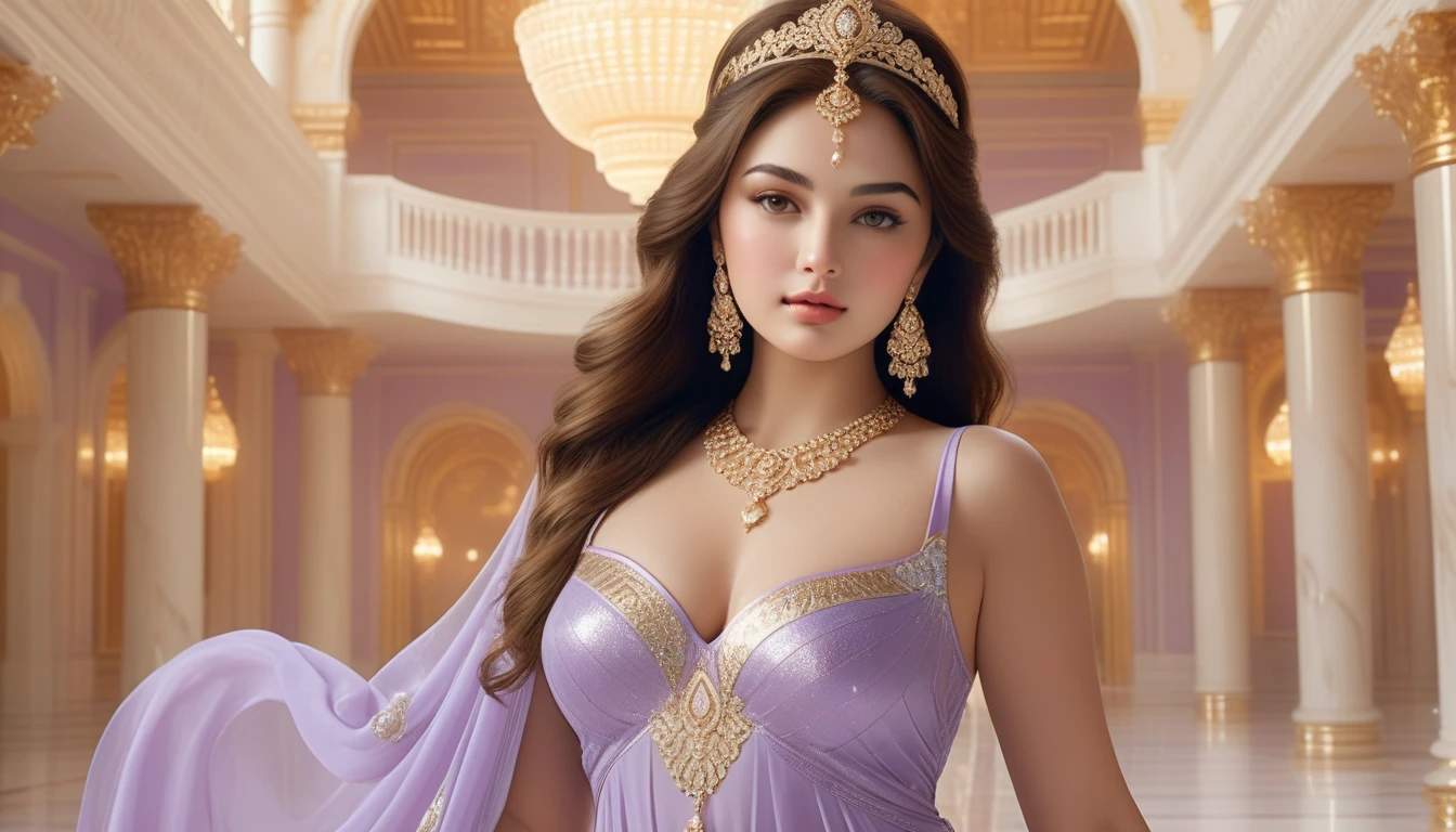 "​Plus-size Arabian girl in an elegant lavender evening gown, standing on the grand staircase of an opulent palace with golden chandeliers and marble floors." detailed jewellery, age, detailed face, detailed body, symmetric face, cute, iconic, photorealistic, big breasts, big belly, belly piercing, soft body, white skin, masterpiece, 8k, ultra realistic, detailed background, god rays, ambient occlusion. ((masterpiece, highest quality, Highest image quality, High resolution, photorealistic, Raw photo, Extremely detailed CG unified 8k wallpaper)), (huge stunning goddess shot, very hot and sexy, jaw-dropping beauty, perfect proportions, beautiful body, body beauty:1.4),