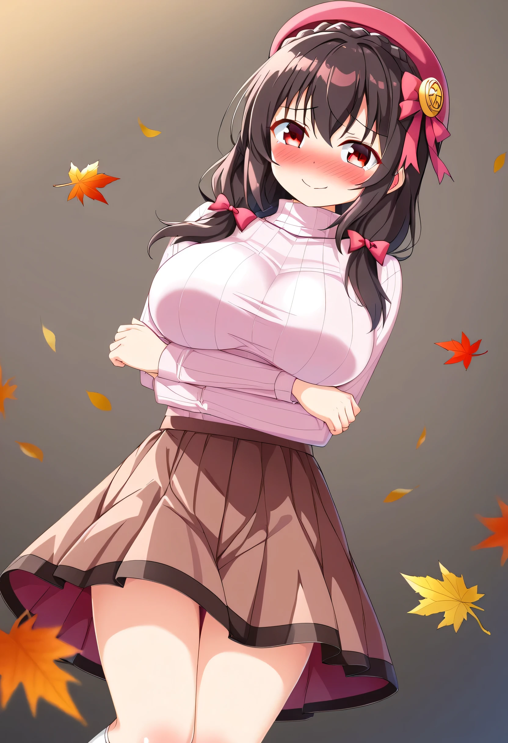 yunyun、masterpiece,Best Quality, high resolution on down,one person, Yunyun、My name is Yunyun, crown braid the same color as hair, Black Hair、Red eyes、 hair accessories, hair bow, ( white turtleneck:1.2), ( brown skirt), knee socks, (She has big breasts)、( embarrassed smile seen from the front:1.2)、(blush:1.2)、autumn leaves、Looking at the viewer、Standing、( I'm wearing a pink beret)、(Dancing innocently )、(My skirt is fluttering)、