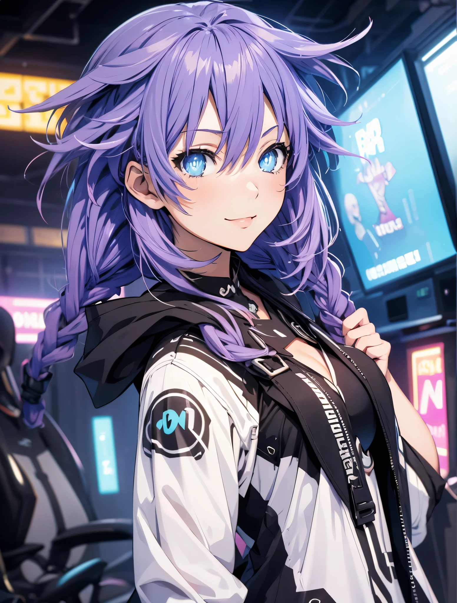 ((best quality)), ((masterpiece)), (Ultra detailed), ((4k)) , ((Eyes Details)) 

Solo , Purple Hair , Blue eyes , Cute Face , Middle Ages, Cat Ears , Cute Smile , 

Red Long Shirt , Plain Shirt , Headphone Neck , Cute Pose