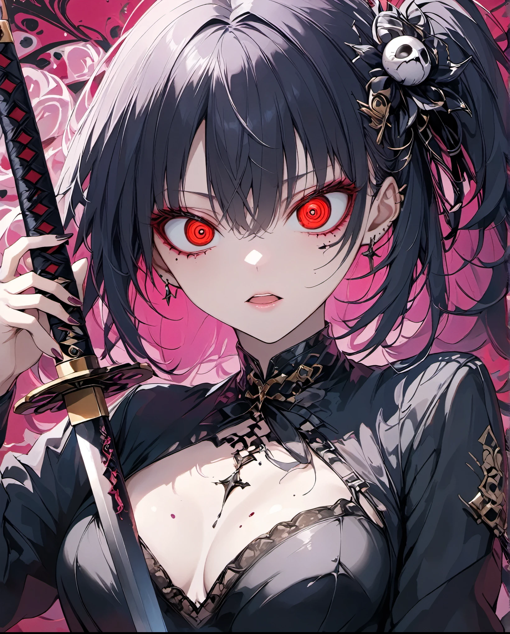 1girl,AIU,Black goth punk fashion,Red eyes,half-closed eyes,(crazy eyes),hair ornament,perfect anatomy,dynamic action pose,(holding katana),beautiful skin,masterpiece,best quality,ultra detailed,8k portrait,highly detailed,super detailed skin,highly detailed background