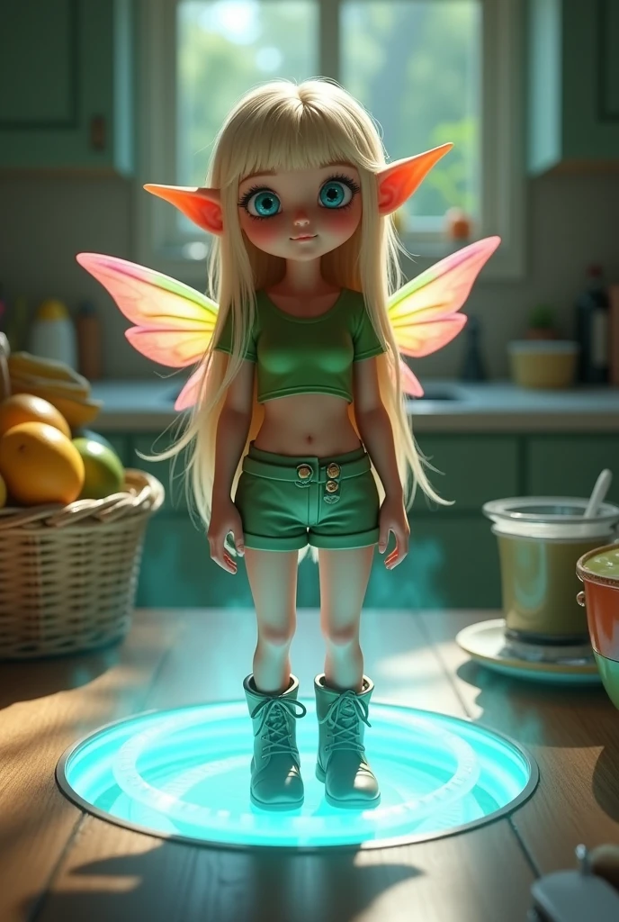 Super realistic illustration, Detailed Fantasy art, Cinema 4D rendering, 1 elven girl, minigirl, solo, full body, A pale blue magic circle is drawn on the dining table, The magic circle is a portal to Another Dimension. electricity effect. A Miniature elf standing on the magic circle with smile. The Miniature elf with transparent wings that shine with the rainbow color is looking up at the camera. From above. long blonde hair, Azure big eyes. green short puff sleeve cropped shirt, green low rise shorts that expose the groin, green lace-up boots, There are dishes and a fruit basket on the table. The background is an everyday kitchen scene. cinematic lighting, perspective