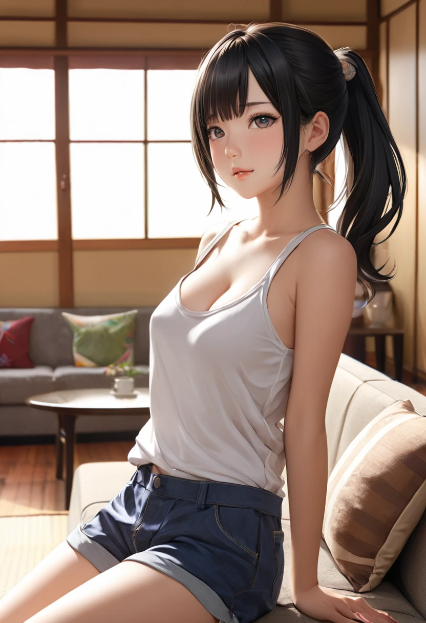 A young Japanese girl, 女子中student, student, Age 14,  cute face,  ponytail,  excellent style , Beautiful Skin,  eyes that fascinate people , Black Hair, bangs,  shadows are real , Big round breast bulge, Living room of the house,  sitting on the couch and relaxing,  lean forward:1.5,  tank top ,  shorts,  real as in the picture , Lean forward:2.0, Realistic Girl, Realistic,  cleavage,  look here , Get closer to the face,  orgasm:2.0,  small nipples