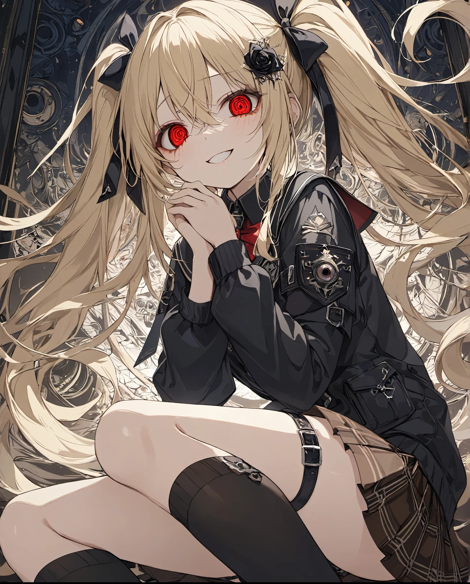 1girl,AIU,Black goth punk fashion,Red eyes,half-closed eyes,(crazy eyes),Huge, Twin tails,masterpiece, Best Quality, High resolution, break , Fiami, Darkness, Long Hair,Hair accessories, Hair between the eyes, Blonde, very Long Hair,Red eyes, uniform,Thigh straps, Sweater vest, Check pattern skirt, Check pattern, socks, pleated skirt, skirt, /=Night Minoru,Etching Sleeve, Black Dress=/ break , , break ,Forced smile,Dark Temple Night, , Brown Theme, , Very wide shot, hands on Knee,beautiful skin,masterpiece,best quality,ultra detailed,8k portrait,highly detailed,super detailed skin,highly detailed background
