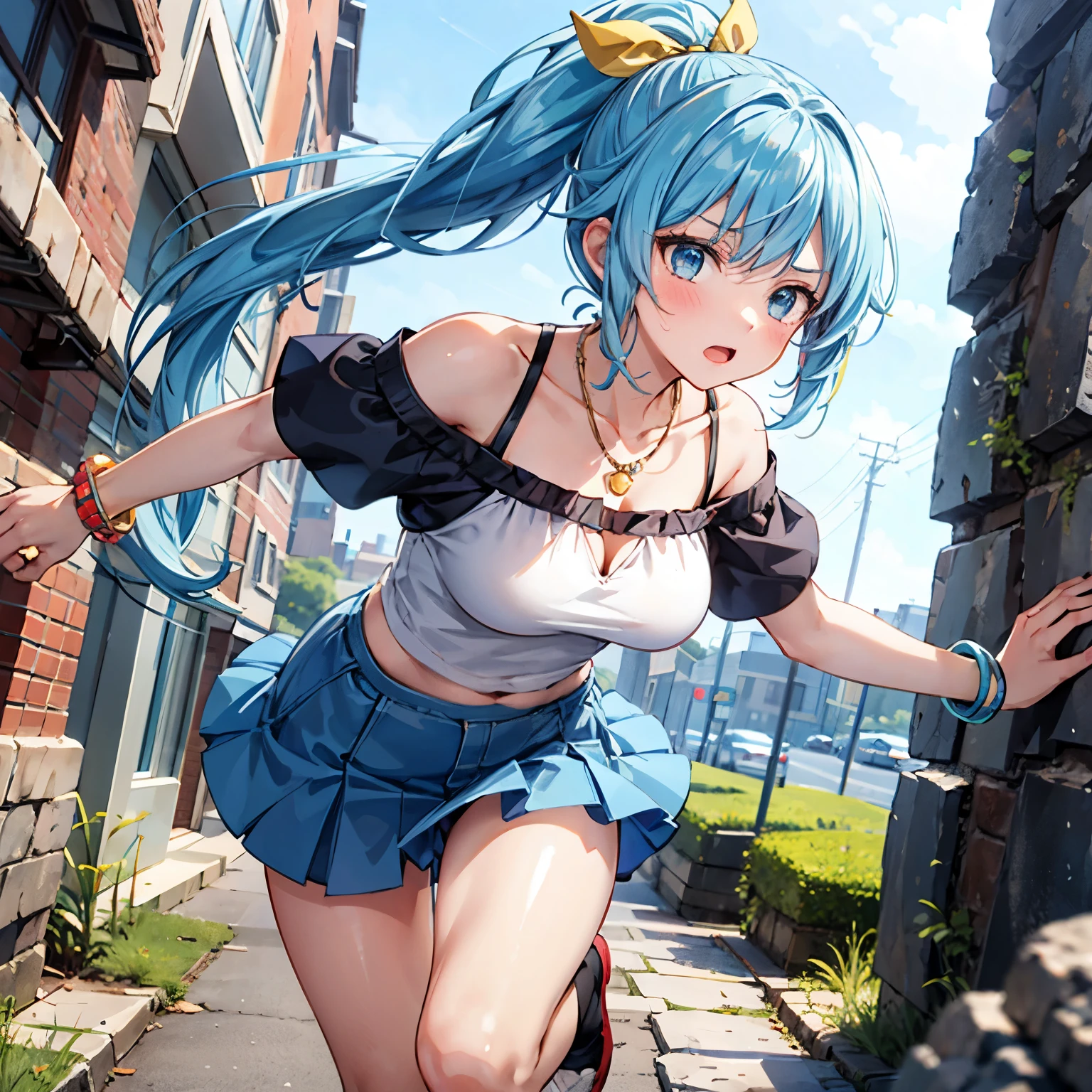 absurderes, hight resolution, (Anime style:1.1), ((masutepiece)), ((Best Quality)), (Ultra-detailed), (Beautiful), 独奏, Beautiful face、(liftup),Cute little girl standing on the street of urban red light district,Wind,Light blue hair, Blue eyes,Very Long Ponytail,student clothes,Blue sky,Laugh,Looking at Viewer,Lens Flare,Dramatic,