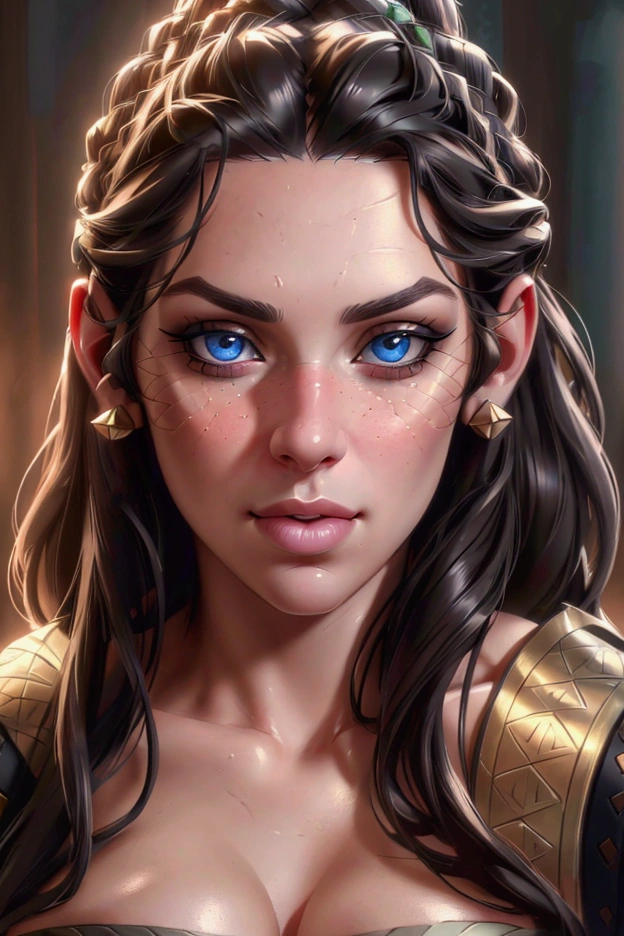 a female dwarf with a beard, slim figure, closeup portrait, heterochromia, detailed facial features, beautiful intricate eyes, detailed nose and lips, long eyelashes, (best quality,4k,8k,highres,masterpiece:1.2),ultra-detailed,(realistic,photorealistic,photo-realistic:1.37),HDR,UHD,studio lighting,ultra-fine painting,sharp focus,physically-based rendering,extreme detail description,professional,vivid colors,portrait