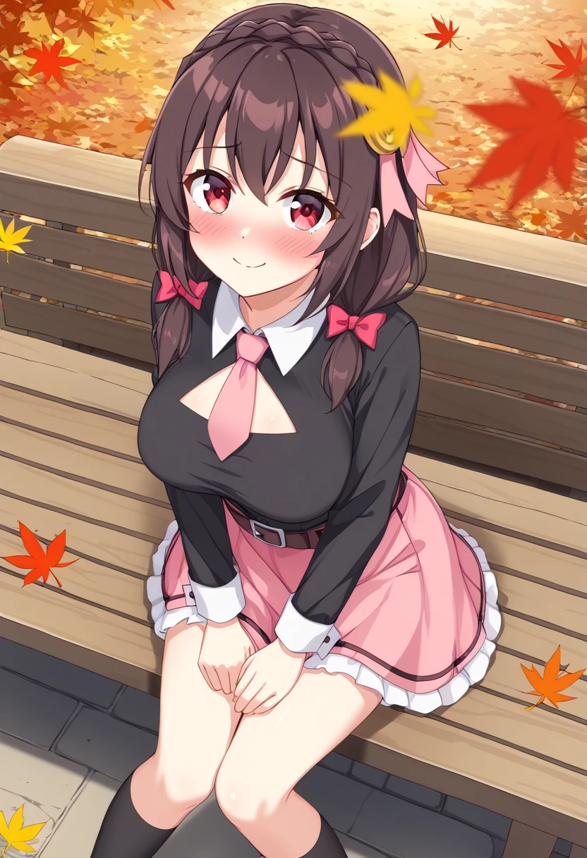 yunyun、masterpiece,Best Quality,  high resolution on down,One person, Yunyun、名前はYunyun,  crown braid the same color as hair, Black Hair、Red eyes、 hair accessories,  hair bow, ( pink tie ), Black long sleeve,  Pink Skirt,  knee socks, belt, (Chest cut-out),( clevis)、(She has big breasts)、( embarrassed smile seen from the front:1.3)、(blush:1.2)、autumn leaves、 your mouth is wide open、(Looking up)、 sitting on a bench 、Looking up