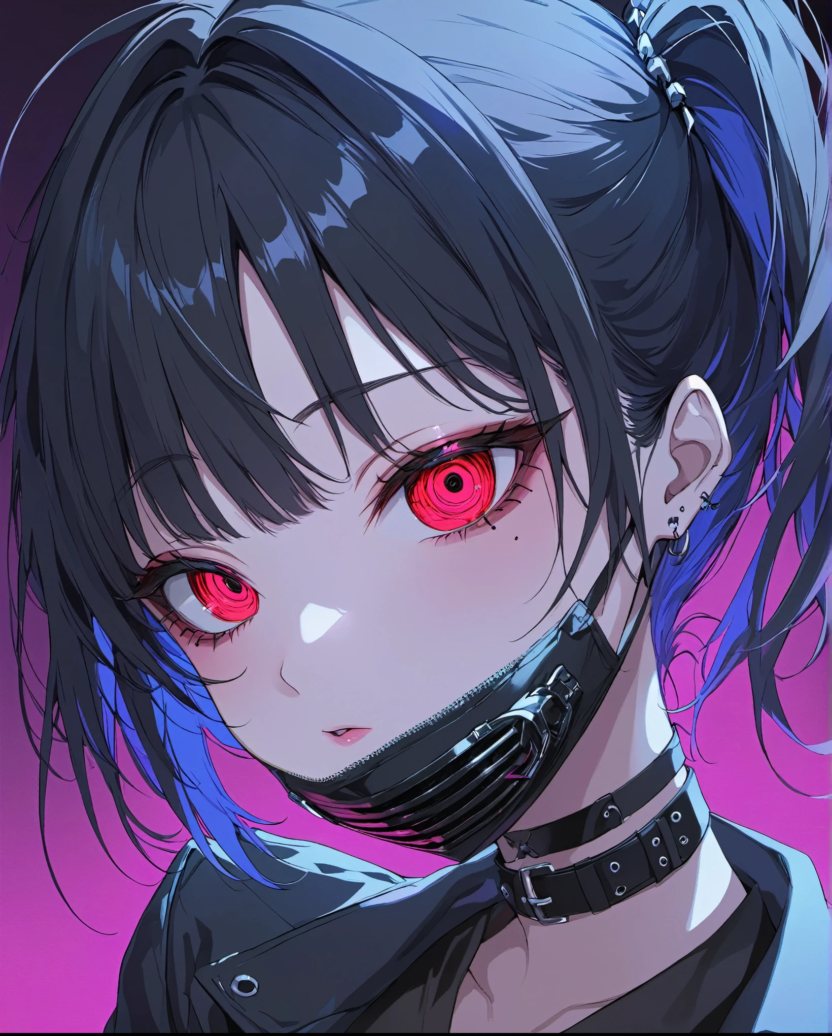 1girl,dramatic angle,Black goth punk fashion,Black hair,red eyes,half-closed eyes,(crazy eyes),ｍouth mask,perfect anatomy,body induced with black aura,beautiful skin,cyberpunk city,(during night),Neon light