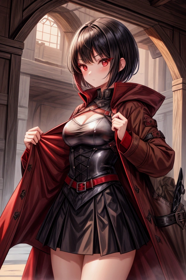 absurdres, highres, ultra detailed, dark theme, <lora:ErikoFinalFinalFix-000020:1> eriko, brown hair, medium breasts, bob cut, blunt bangs, red dress, red capelet, black bra, fur trim, (black elbow gloves:1.1), gauntlets, looking at viewer, expressionless, dark room, <lora:LowRA:0.5>, <lora:eye_opening_v2.0:-1>