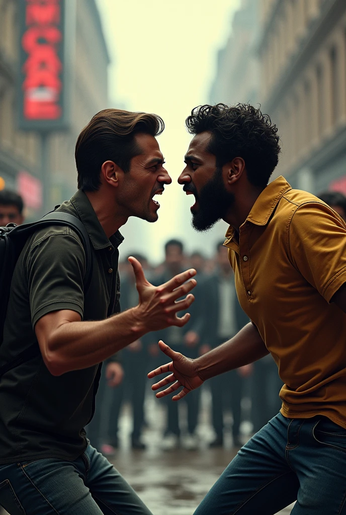 Ugly skinney White men covered in poop shouting at handsome indian in suit who is not giving him any attention, make white guy more ugly and covered in poop